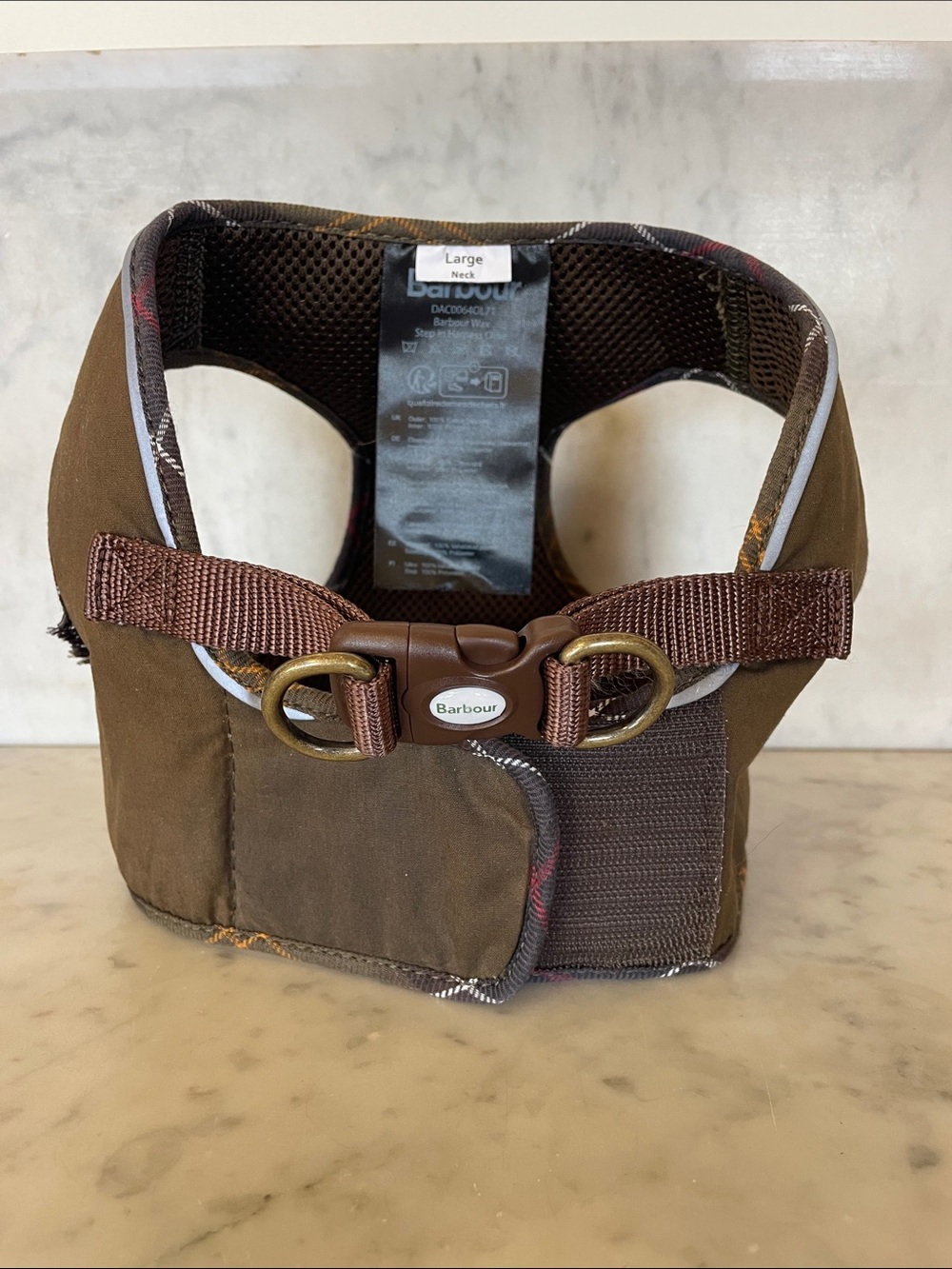 BARBOUR England Olive and Brown Dog Wax Step In Harness with Plaid Trim Large